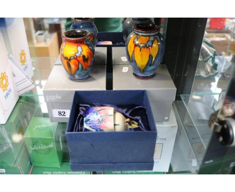 2 Boxed Poole Studio pottery vases 9.5cm in Height and a boxed Old Tupton ware Honey pot with spoon boxed 