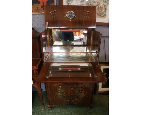 A Turnidge Product 1950s Deco fall front drinks cabinet with chinoiserie decoration 