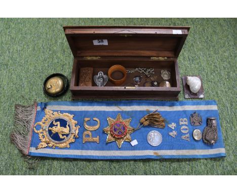 19thC Carved Walnut box with assorted Bijoux items to include Kent Rifle Association Medallion, Silver watch chain, ROAB Sash
