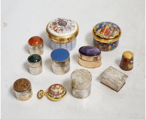 A collection of patch boxes including some silver, a gilt metal and amethyst example, Halcyon Days enamel and a miniature yel