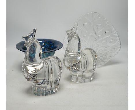 A pair of Orrefors glass cockerels, a peacock and an Isle of Wight bowl, largest 24cm high. Condition - good