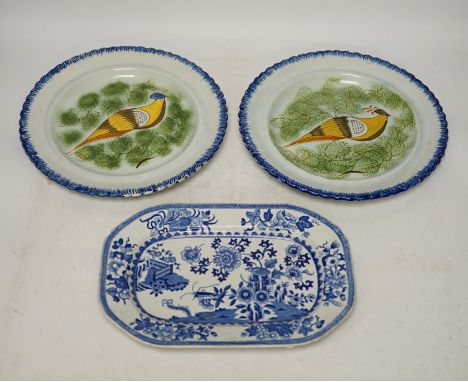 A set of six Yorkshire pearlware â€˜birdâ€™ plates, c.1800, and a Spode blue printed octagonal serving dish, largest 25cm in 