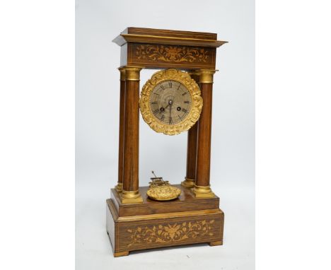 A 19th century French rosewood and marquetry inlaid Portico clock, 46cm high. Condition - good, but untested as working