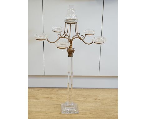 A Victorian glass and brass Corinthian column five branch, six light epergne centrepiece, 83.5cm high. Condition - slight chi
