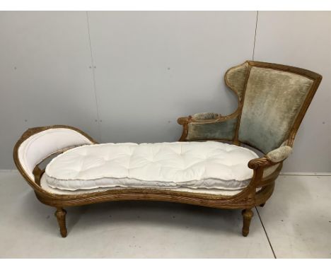 A 19th century Louis XVI style carved giltwood daybed, width 190cm, depth 80cm, height 96cm. Condition fair to good.