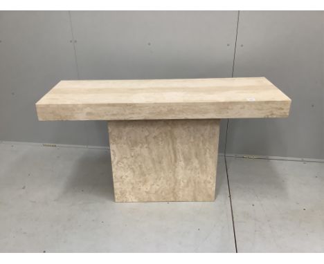 A reconstituted marble rectangular console table, width 135cm, depth 45cm, height 72cm. Condition - good