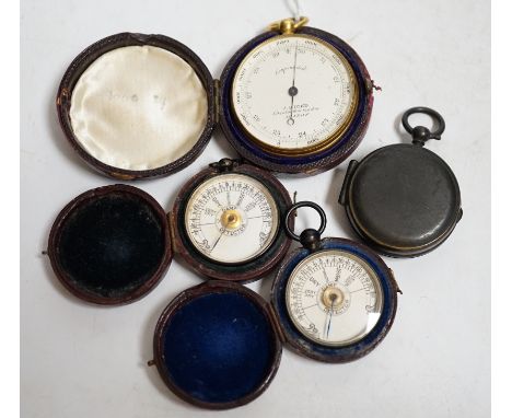 Two pocket damp detectors, a pocket barometer, and a compass, three with original leather cases. Condition - fair