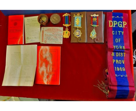 Royal Antediluvan order of Buffaloes - Rule Book, etc and insignia with sash in a pouch - William Dodman, Darlington & Hull l