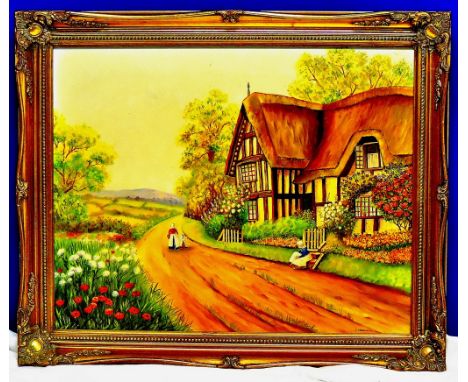 Rural Scene - A medium sized print of a small cottage scene, signed D Worsdall - in an elegant frame 58 x 48cm