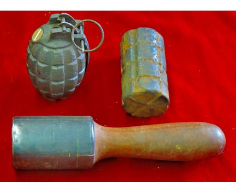 WWI Mills No.5 MK.1 Grenade dated 1916 with a WWI Batty Grenade and WWII Hungarian Practice Stick Grenade, all inert. 