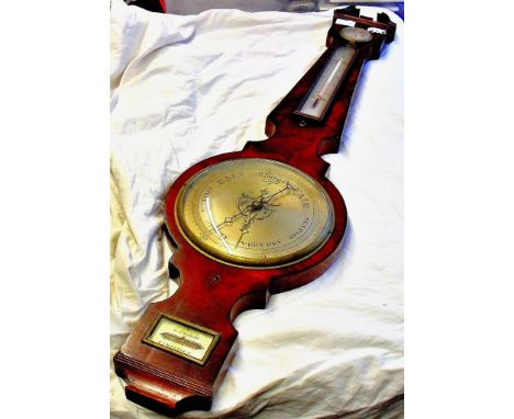 A good quality, 19th C, flame mahogany banjo barometer with swan neck pediment and brass finial.  The silver dial with pierce