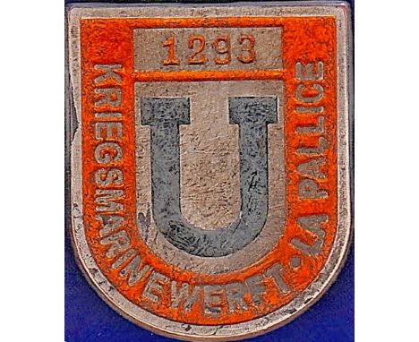 WWII German U-Boat Base Workers badge 'Kriegsmarinewerft. La Pallice with the base number 1293. Red enamel finish.