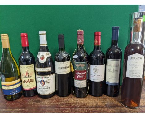 Eight bottles of mixed wines to include Merlot, Riesling, Location:E, fashion door, wooden shelf 