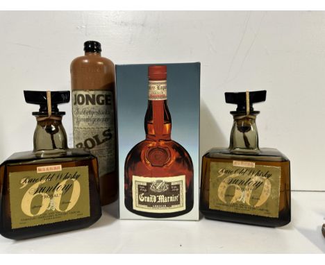 Two bottles of Suntory Royal Rare Old Whisky, 80% proof, (quart), one ceramic bottle of Jonge Dubbelgestookte Grammamgemever 