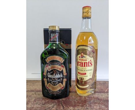 One bottle of Grants Scotch whisky, 70cl, and one bottle of Glenfiddich Scotch whisky, 37.5cl. Location:2, wooden shelves 