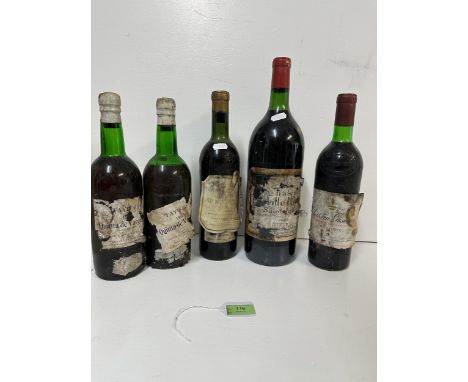 Five bottles to include two bottles of Taylors Vintage 1969 Port, Chateau Giscours Margaux 1976, a 1955 Pauillac and a 1982 M