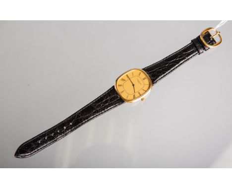 Herrenarmbanduhr "Ellipse" 750 GG (Patek Philippe, Schweiz, 1950/60er Jahre), goldfarbenesZifferblatt m. schwarzen röm. Ziffe