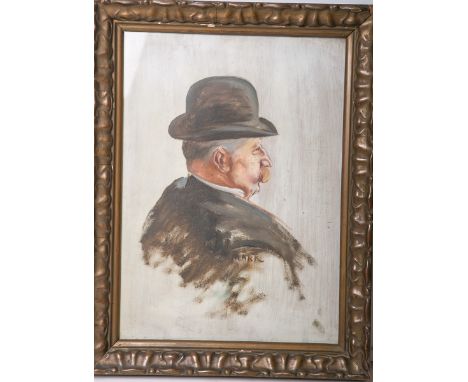 Márk, Lajos (1867 - 1940), Portrait eines Herren m. Melone, sign., Öl/Holz, ca. 46,5 x34,5 cm, hinter Glas gerahmt.