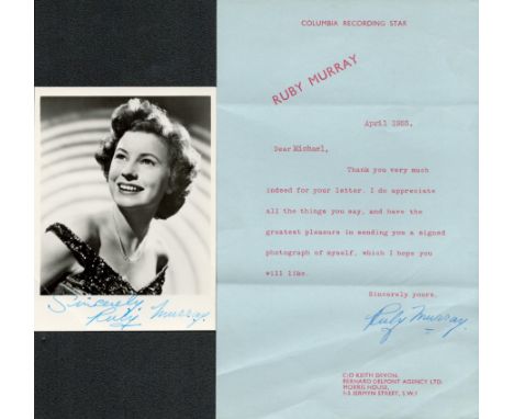 British Singer Ruby Murray Signed TLS Dated April 1955 With a Signed Black and White Photo Measuring 4x3 Inches approx Includ