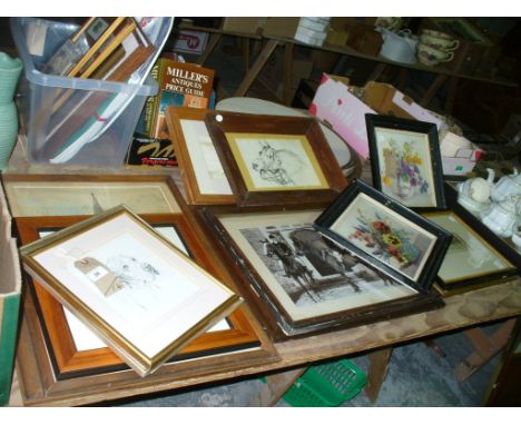 14 Assorted pictures and prints including a pencil sketch study of a hound, limited edition coloured print " Cathedral " and 
