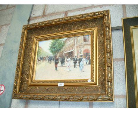 R Spencer , figures in a continental street scene, oil on board within an ornate gilt leaf moulded frame.