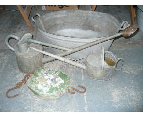 A Galvanized 2 handled tub, 2 galvanized watering cans, spring balance scales,enamelled 2 handled tub and jug, a vintage Bull