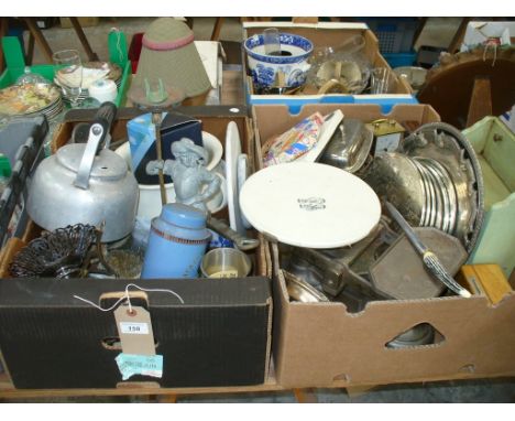 2 Boxes of sundry items, Avery kitchen scales, old tins, chamber pot, kitchen utensils, flatware, etc.