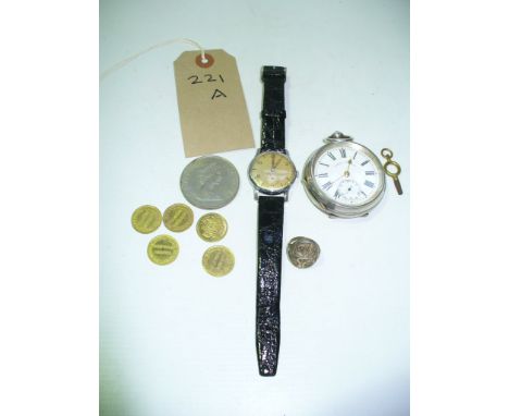 A Silver cased open face pocket watch with a white enamel dial signed " H Samuel, Manchester" , a gents wristwatch , white me