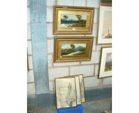 Lakeside dwelling , within a mountainous landscape , oil on canvas and a companion, after W J Maskell pencil sketch of Tower 