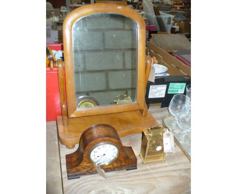 An Early 20th century oak cased 8 day French mantel clock with a white enamel dial, a quartz carriage clock and a Victorian s