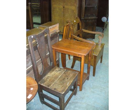 A Victorian oak commode chair, an oak occasional table and an 18th Century oak side chair with a vase shaped splat. (3)