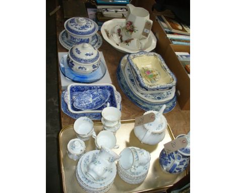 A " Scotch Ivory " rose pattern wash stand set, a qty of blue and white including a willow pattern casserole dish, dinner and