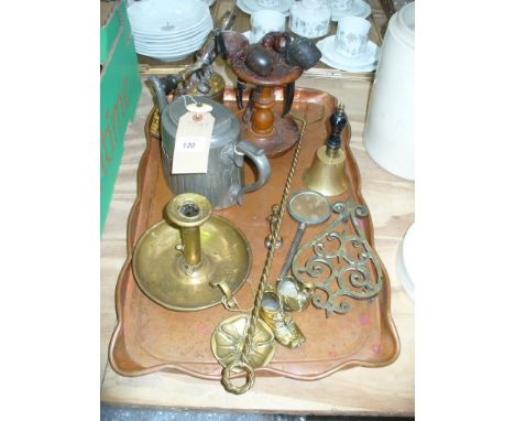 A Large copper shaped rectangular tray, EPBM tea pot, brass chamberstick, brass blow lamp, smoking pipes and stand, etc.