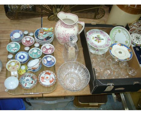 A Qty of oriental tea bowls and covers, egg cups, a red and white toilet jug " Poppy " , a cut glass mallet shaped decanter, 