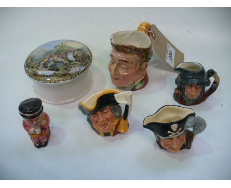 A Royal Doulton character jug  Long John Silver, Rip Van Winkle , Town Crier, Staffordshire ceramic pot and lid,1 other. (6)