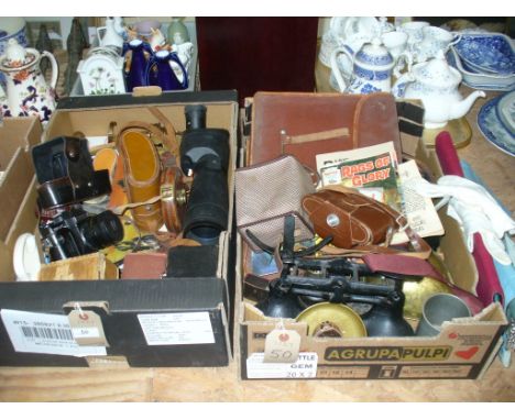 2 Boxes of sundry items, cameras and effects, kitchen scales , Masonic apron , wooden mallet, etc.