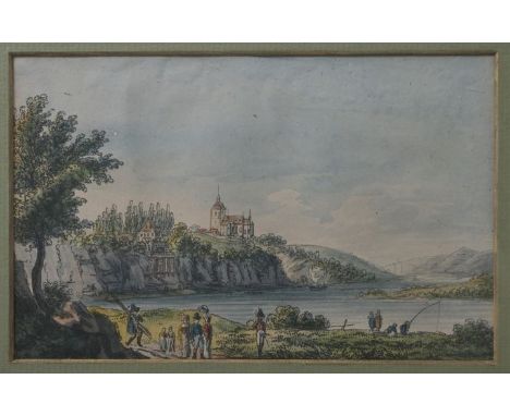   Unbekannt, um 1820  Blick über die Elbe nach Westen auf Briesnitz bei Dresden mit dem Belvedere und der Kirche. Umrissradie