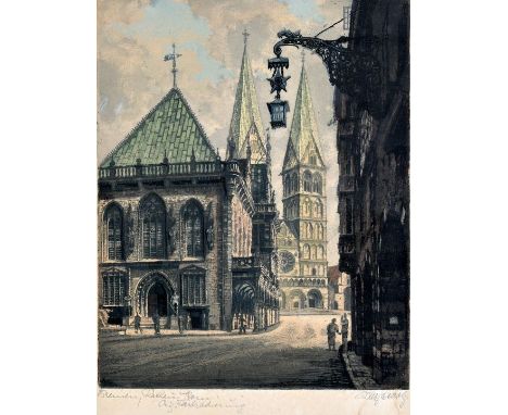   Scholz, Willy. 1899 Heilbronn-1965 München  Ansicht von Bremen: Rathaus und Dom. Farbradierung, sign., bezeichnet, Blattran