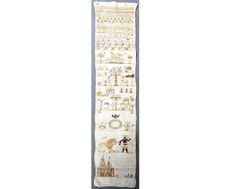   Stickmustertuch, Österreich-Ungarn, dat. 1818  Kreuzstickerei auf Leinen: Bordüren, Alphabet, Zahlen, christliche Symbole (