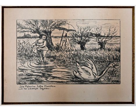   Zille, Heinrich. 1858 Radeburg - 1929 Berlin.  "Die Malerin Leda Moesken und der entsetzte Schwan", Lithografie, rechts im 