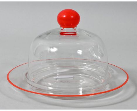   Käsedose/ Käseglocke, 1. H. /Mitte 20. Jh.  Farbloses Glas, Rand und Knauf emailbemalt in Rot. D. 18 cm Cheese dome, glass 