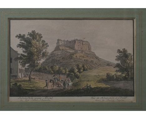   Unbekannt, um 1830  Der Königstein in der Sächsischen Schweiz von der Neuen Schänke im Westen. Umrissradierung, kol., im un