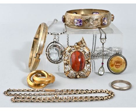   Konvolut Modeschmuck, 20. Jh.  8 Teile: Silber(?)kettchen mit Anhänger, zwei farblose Steine, L. 47 cm; (Ehe-)Ring, Silber 