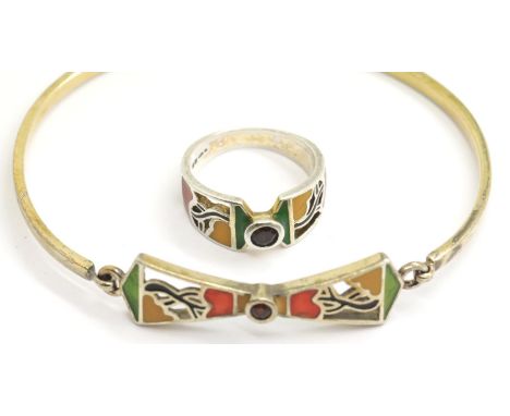 Clarice Cliff Bradford Exchange bracelet and ring set, 18k gold plate on silver, ring size M/N, total weight, 10g. P&amp;P Gr