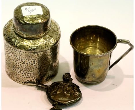 Hammered hallmarked silver tea caddy,  silver Christening cup and rattle depicting little Jack Horner, combined 88g. P&amp;P 