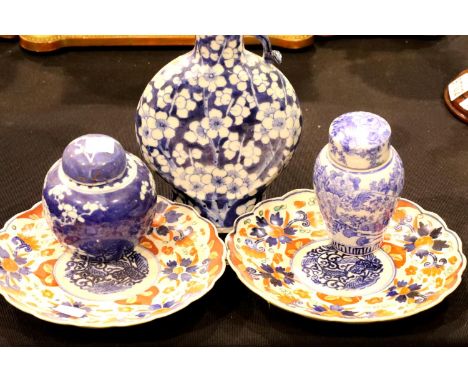 Pair of 19thC Japanese plates, moon flask with four character mark to base ( missing handle ) and other oriental ceramics. P&