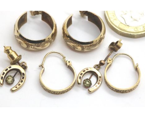 Three pairs of 9ct gold earrings, 5.8g. P&amp;P Group 1 (£14+VAT for the first lot and £1+VAT for subsequent lots) 