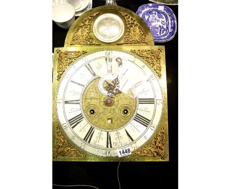 Good longcase clock dial and works with brass mounts and silvered chapter ring by Thomas Meekings, Dublin, overall 48 x 35 cm
