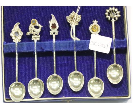 Six boxed white metal teaspoons, each set with different semi precious stones stamped Ceylon. P&amp;P Group 1 (£14+VAT for th