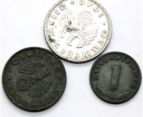 Three Third Reich coins, 1943, 1943 and 1940 with Swastika and eagle. P&amp;P Group 1 (£14+VAT for the first lot and £1+VAT f
